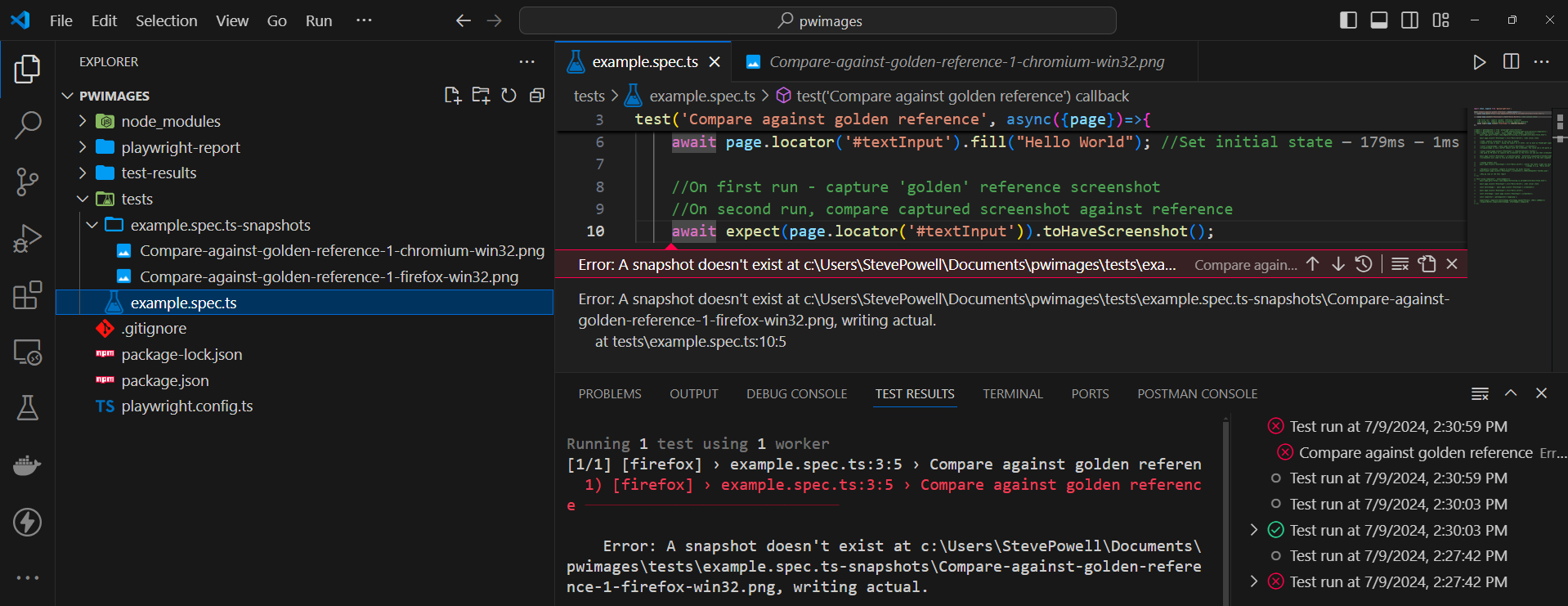 VSCode showing the test has failed after running with Firefox, but also that a new reference image has been captured.