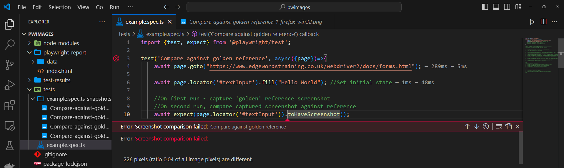 VS Code shows the test now fails due to a 226 pixel (0.04 ratio) of differences between the reference and un time captured image. 